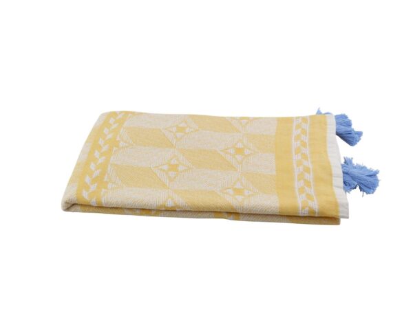 Strandtuch gelb blau mit Quasten und Allover-Muster 502273.jpg