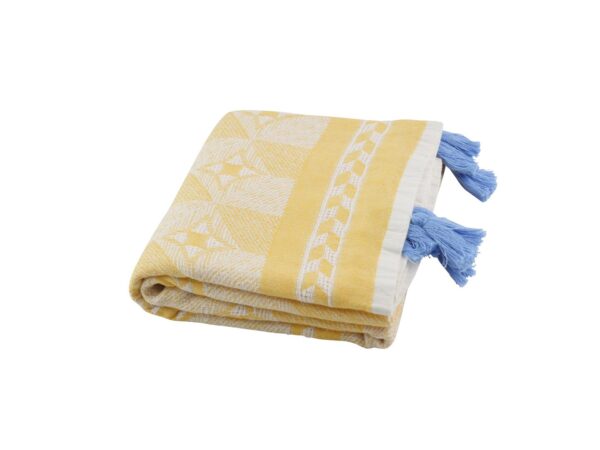 Strandtuch gelb blau mit Quasten und Allover-Muster 502273 (2).jpg
